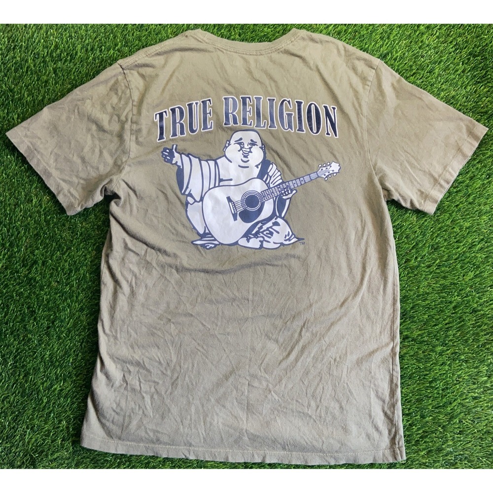 True Religion Shirt Mens Sz S Green Blue Graphic Tee Tagless Buddha Guitar